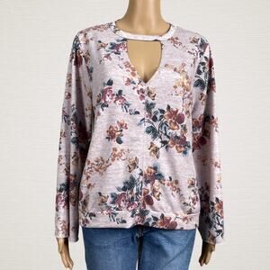 Gypsies & Moondust Floral Cutout V Neck Sweatshirt Top Large Unfinish Roll Cuff
